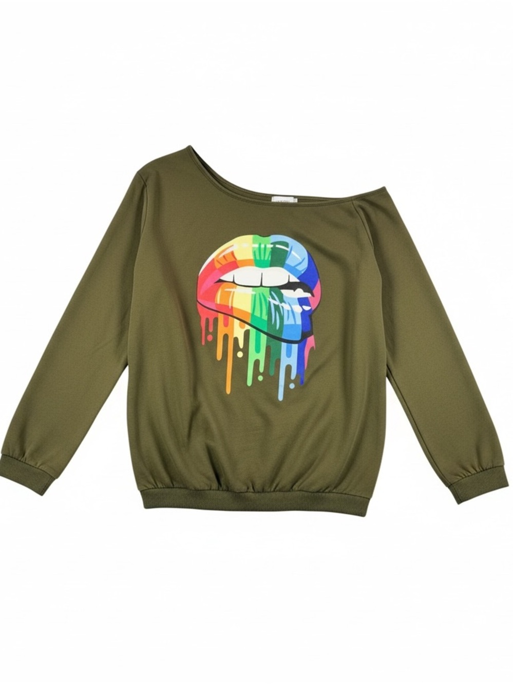 MAGICMK Olive Green Off-the-Shoulder Dripping Rainbow Lips Sweatshirt -5XL